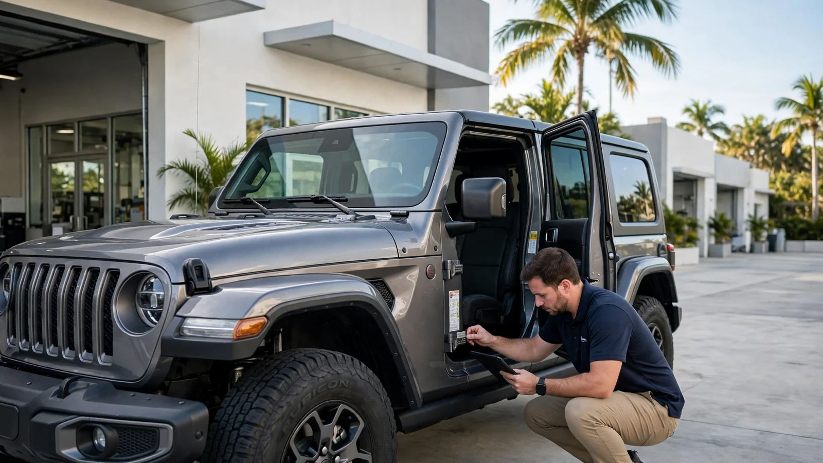 An advisor reads the VIN plate on a gray Jeep Wrangler at Alfa Garage Miami — your free recall check starts here