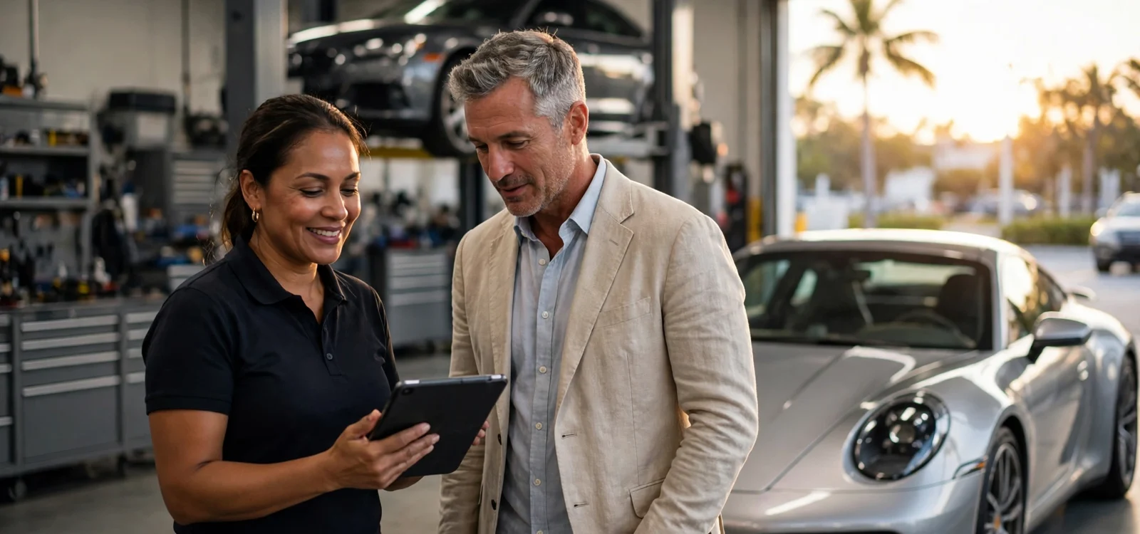 Eine Serviceberaterin zeigt einem Kunden die Arbeit an seinem silbernen Porsche, Tablet in der Hand, in einer hellen Werkstatt in Miami